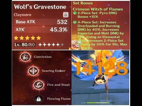 Diluc lv 80 SOLO VS 10 Bosses - Diluc Solo Damage Showcase Wolf's Gravestone Crimson Witch of Flame