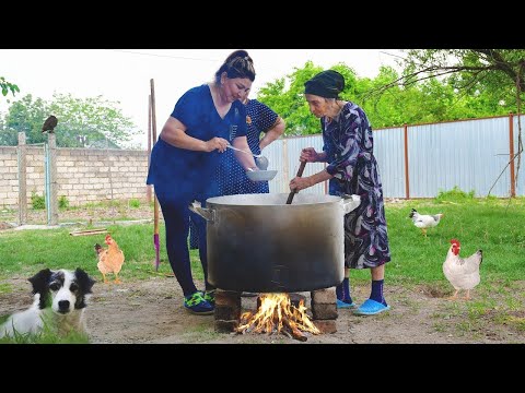 Authentic Azerbaijani Cuisine | Grandma Cooking Traditional Dovga on Campfire