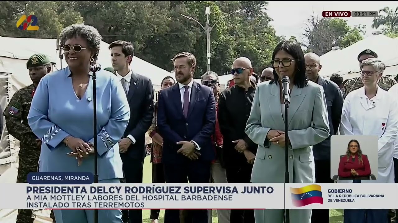 Delcy Rodríguez y Mia Mottley (Primera Ministra de Barbados) visitan hospital temporal de Guarenas