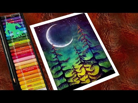 Beautiful moonlight scenery drawing with oil pastels step by step