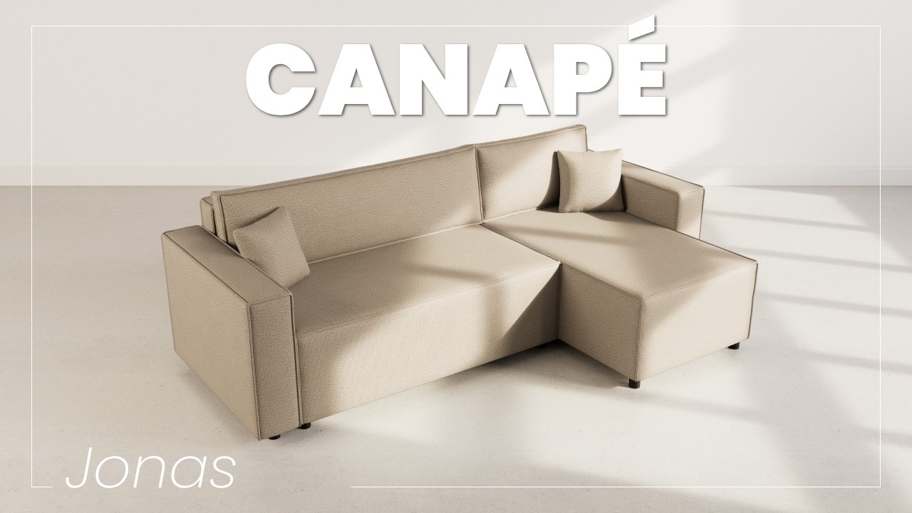 Thumbnail video of the produit Jonas - canapé d'angle réversible 4 places convertible avec coffre en tissu texturé