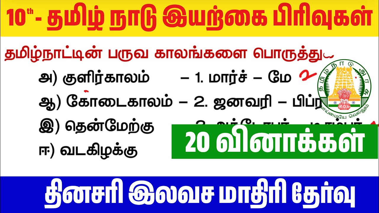 10th தமிழ்நாடு காலநிலை & மண் வகைகள் - பாகம் 4 - மாதிரி தேர்?