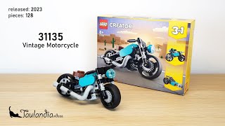 YouTube thumbnail: LEGO Creator 31135: Vintage Motorcycle (2023) - version A - unboxing and speed building