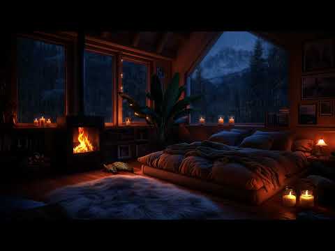 Thunderstorm in a Cozy Bedroom with Crackling Fireplace | Heavy Rain & Distant Thunder