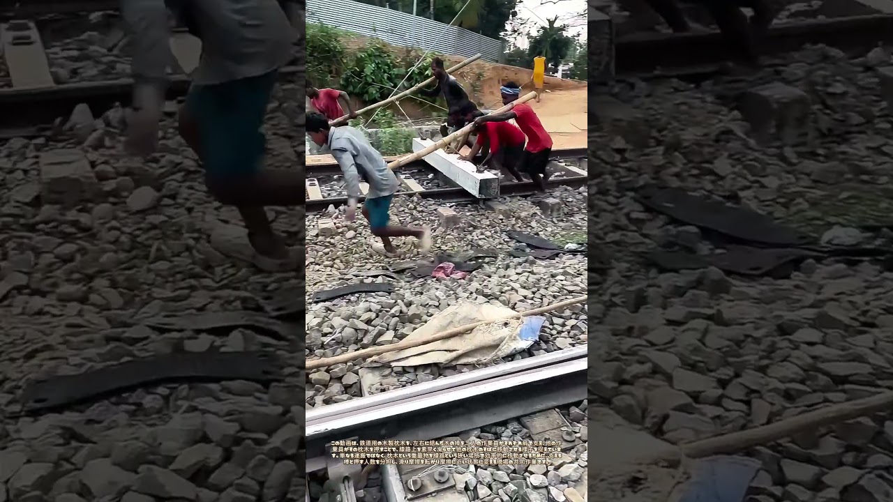 枕木を滑らせる人の列：棒が支え、列が動かす軌道の移動作業