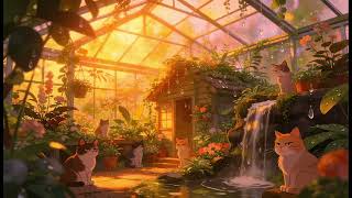 Lofi Relaxing & Chill ☀️ Ambience with Cats in a Greenhouse at Sunset