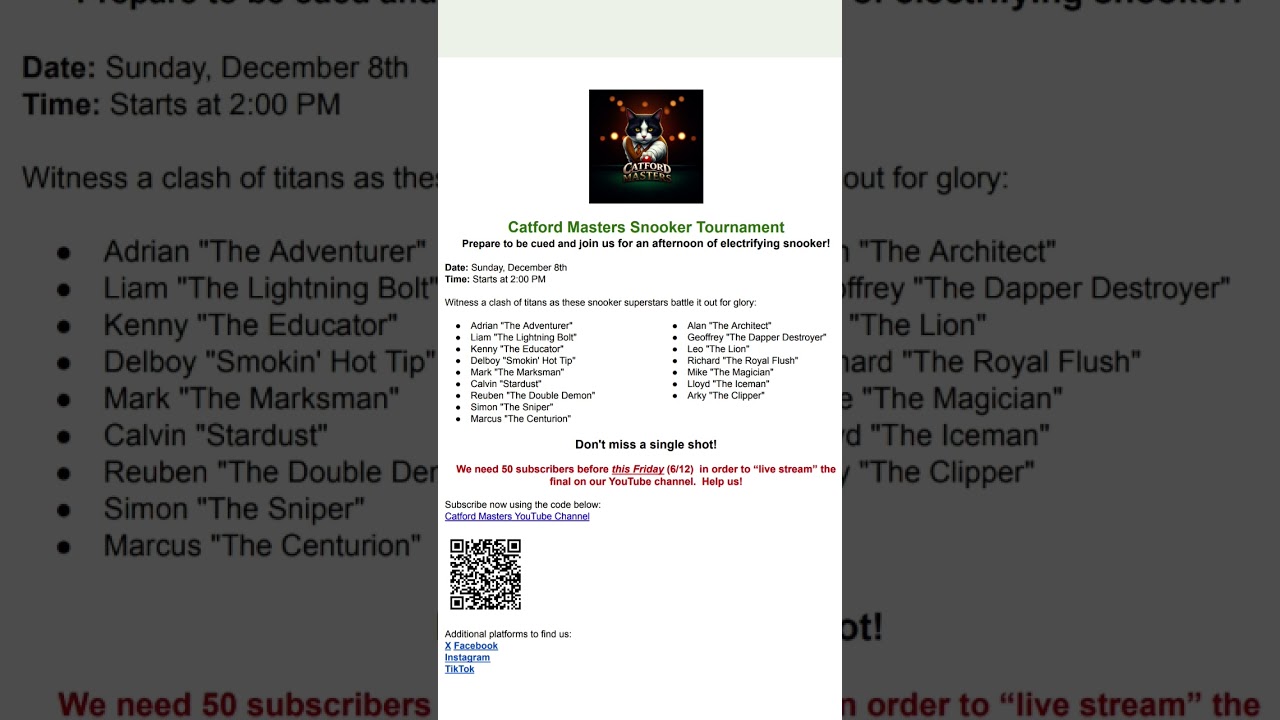 Catford Masters Snooker tournament Live from QSTIX on our YouTube channel, Sunday 8th December, 2pm