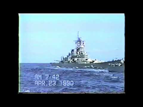 Battleship USS Missouri BB-63 firing broadside while underway at sea (April 23, 1990) 