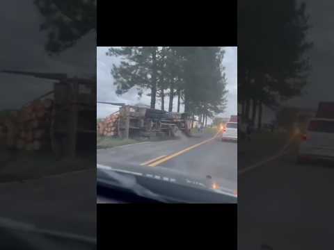 Caminhão carregado com toras tomba na BR-153 entre Irati e Rebouças