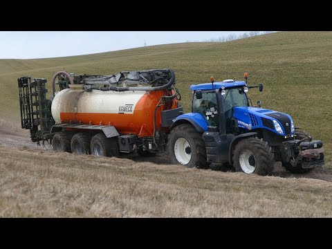 New Holland T8.360 in the field Laying Manure w/ Kaweco manure barrel | Big Farming | DK Agriculture