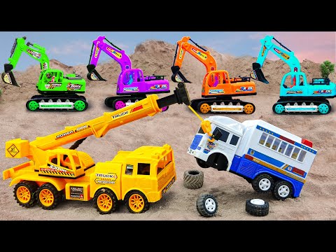 JCB Excavator, Crane, Truck, Construction Vehicles rescue Police Car - DIY Car toy for kids