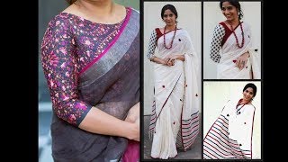 16 Trendy Linen Saree Blouse Designs | Linen Saree Matching Blouse