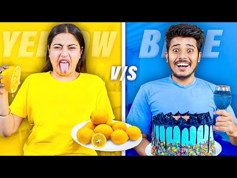 YELLOW vs BLUE Color Food Eating Challenge !