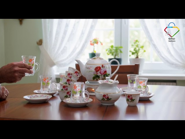 طقم بيالات شاي زجاج وفناجين قهوة سيراميك مع صحون ن...