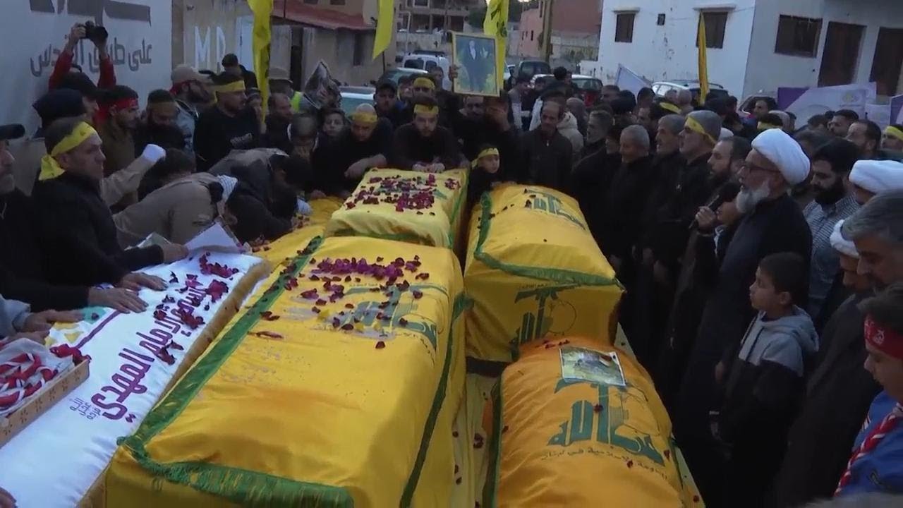 Public funerals held in Maarakeh, Lebanon for Hezbollah fighters killed in war with Israel