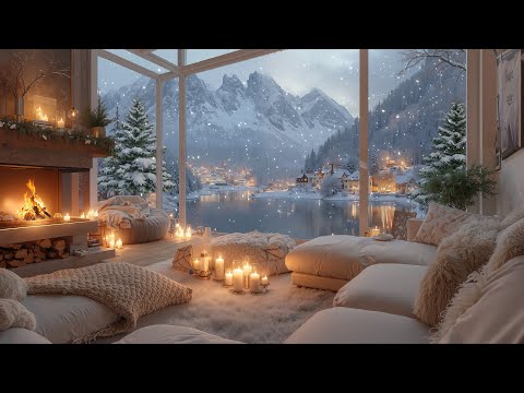Peaceful Winter Morning By The Lake⛄ Soft Piano, Falling Snow & Warm Fireplace for Deep Focus