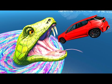 Jumping Cars into the Giant Mouth of a Venomous Snake - BeamNG.Drive