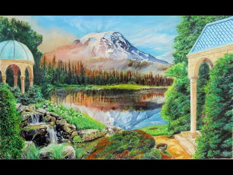 Thumbnail of Painting an ornamental garden on a snowy mountain background