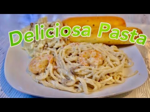 Cómo hacer pasta con camarones champiñones y tocino 4 ingredientes 🦐