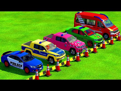 TRANSPORTING FIRE DEPARTMENT , AMBULANCE CAR , POLICE CAR , WITH MAN TRUCKS - Farming Simulator 22