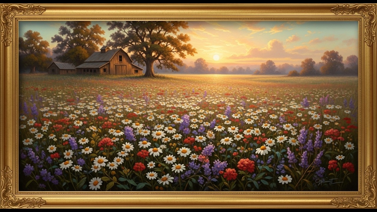 Sunset Wildflower Meadow & Rustic Barn | Samsung Frame TV Art | 4K Farmhouse Landscape