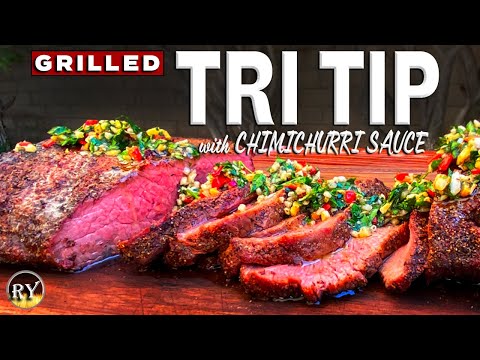 Grilled Pepper Garlic Tri Tip With Toasted Almond Chimichurri Sauce