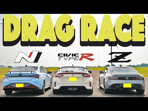 2023 Honda Civic Type R takes on Nissan Z and Hyundai Elantra N, drag and roll race.