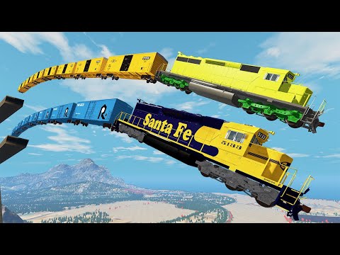 High Speed Train Jumps into Open Bridge Crashes - Beamng drive