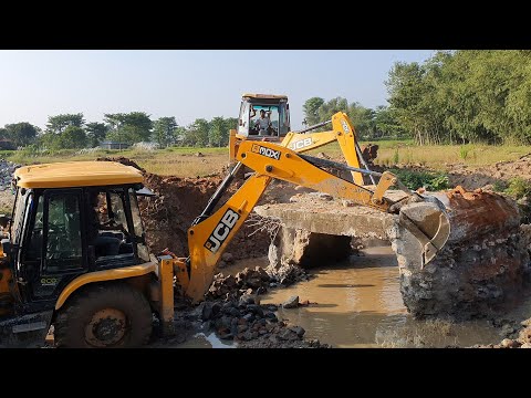 Two JCB Backhoe Machine Trying To Break Old Concrete Culvert For New Bridge Construction- JCB Video