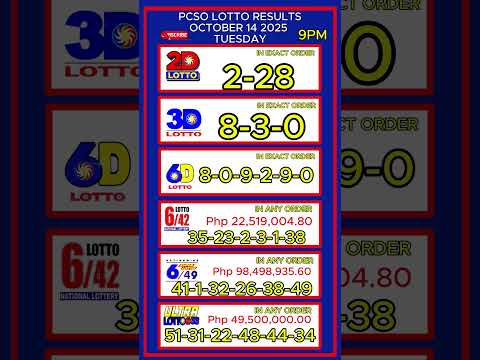 PCSO Lotto Result Today Live 9PM Draw | October 14, 2025 (Tuesday) | 2D, 3D, 6/42,6/49 6/58 Lotto