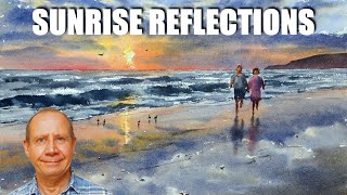 Full watercolor painting class - sunrise and reflections on water and wet sand. Watercolour tutorial