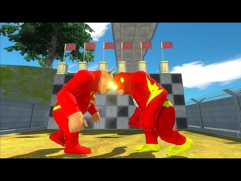 RED SUPERMAN GORO VS FLASH GORO VS SPIDERMAN SPINOSAURUS DEATH FALL - Animal Revolt Battle Simulator