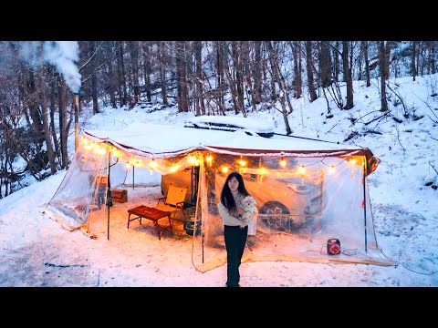 ❄️ Car camping with a wood stove and dog in a 270-degree awning tent in a snow-covered forest. ASMR