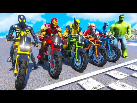 Superheroes Impossible mega Ramp Bike Race Challenge with SpiderMan, SuperMan, ironman (GTA5 MOODS)