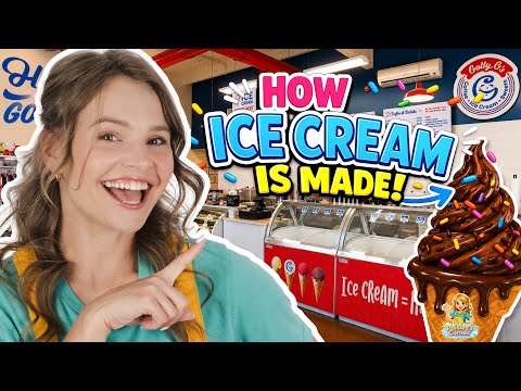 Smiling woman in a teal top and yellow apron points at a bright 'How Ice Cream Is Made' sign in an ice cream shop background.
