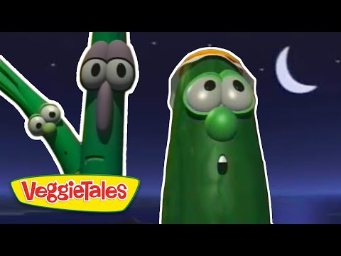 Two green vegetable characters with surprised expressions at night, VeggieTales logo visible in the corner.
