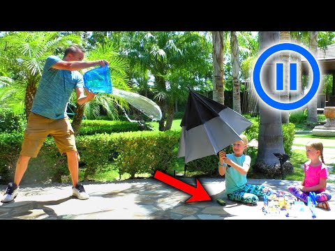 Pause Challenge in Real Life!!! Pranking Our Dad Shrinking Anything He Touches!