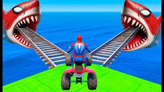 الأبطال الخارقين على القضبان دوامة قمع جسر   SPIDERMAN!on Motorcycle in Spiral Bridge Stunt Ride