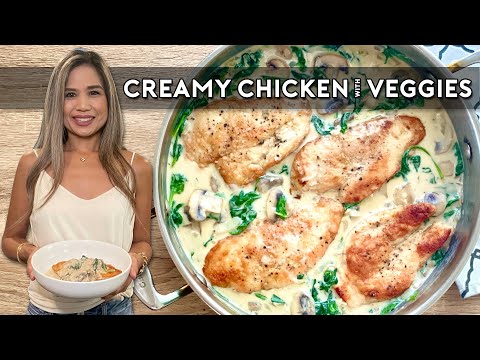 CREAMY CHICKEN WITH SPINACH AND MUSHROOMS | Chicken & Veggies With Cream Sauce