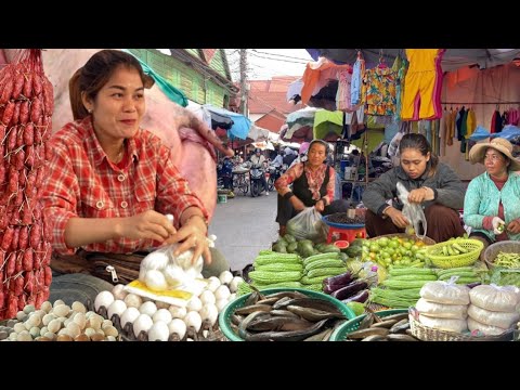 Amazing Cambodian Wet Market Food Scenes & Lively Fish, Fruits, Dancing, People Activities