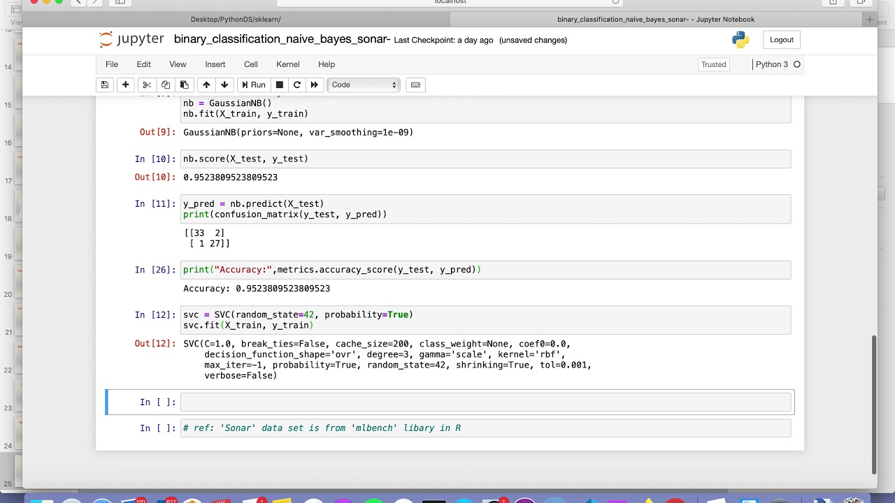 SVM on binary classification Sonar dataset