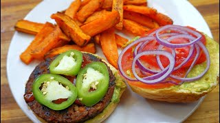 Plant based burger review with sweet potato fries - healthy recipe channel