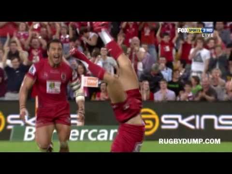 Quade Cooper try and backflip celebration against the Waratahs