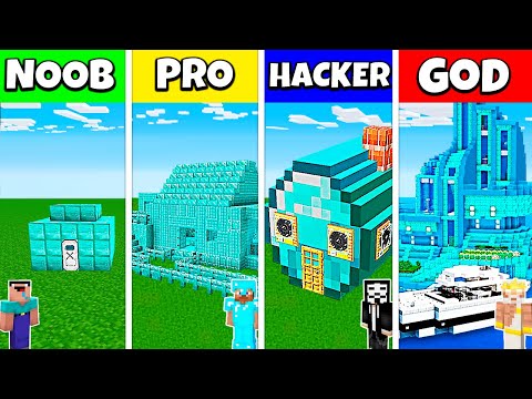 TEN - Minecraft Animations - DIAMOND BLOCK HOUSE BASE BUILD CHALLENGE - Minecraft Battle NOOB vs PRO vs HACKER vs GOD / Animation