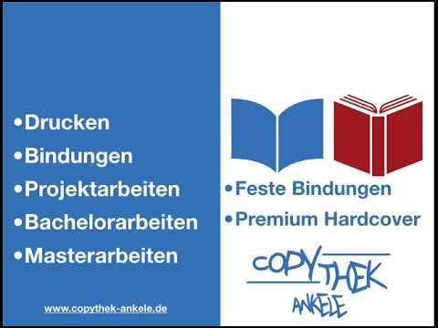 Copythek Ankele Bindung Bachelorarbeit, Masterarbeit, Projektarbeit Online bestellen.
Projektarbeit, Bachelorarbeit, Masterarbeit, Dissertation Online bestellen
DIN A4 Drucke mit fester Bindungen in Fotokarton, Super Bindung mit gold oder silber.
