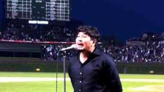 Cary Kanno singing the national anthem at Wrigley Field
