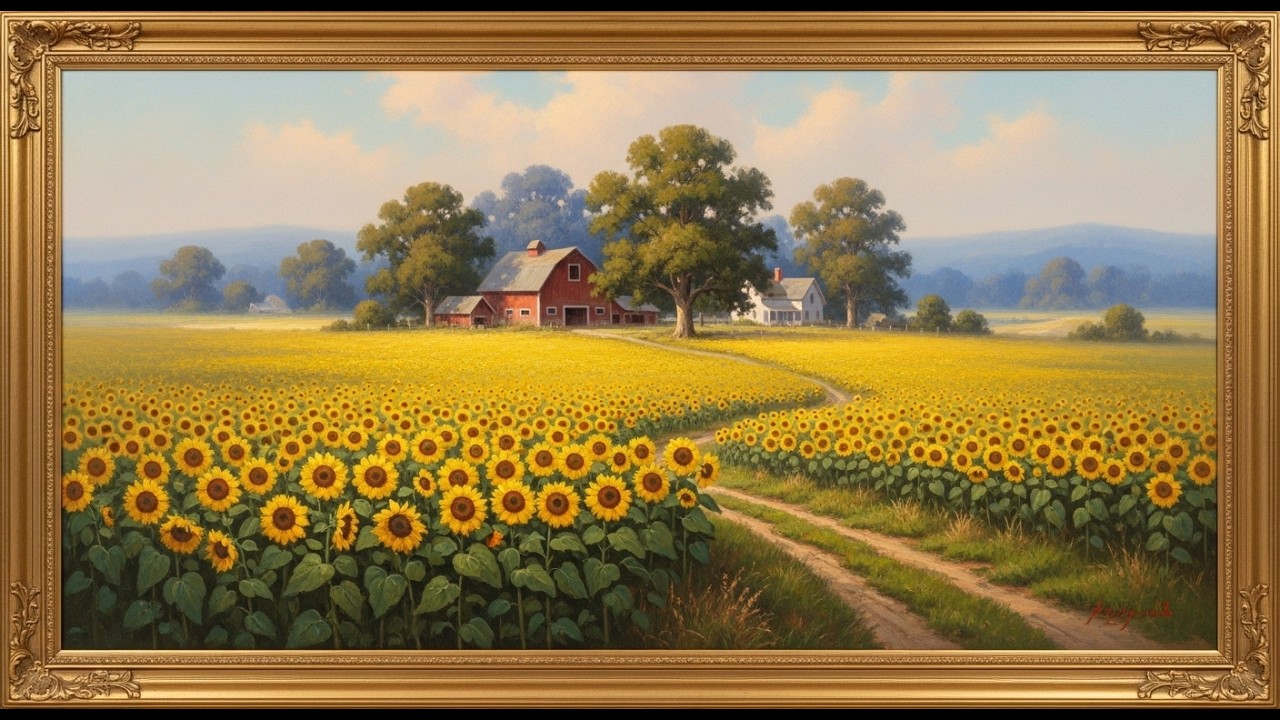 Frame TV Art with Music: Antique Style Summer Harvest Scene | Red Barn & Sunflower Meadow Art.