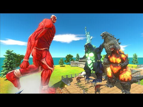 Team Colossal Titan vs Team Godzilla 2014 x Dinosaurs - Death Line - Animal Revolt Battle Simulator