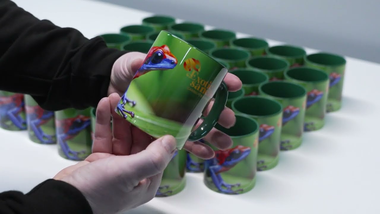 Sublimation printing on branded merchandise — heat converts ink into gas that bonds permanently into polyester fibres for photorealistic full colour results