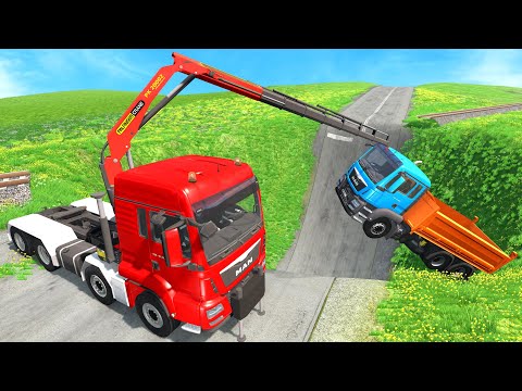 Cars Vs Giant Pit Deep Water - Truck Cars Rescue Bus On Rails And Trains